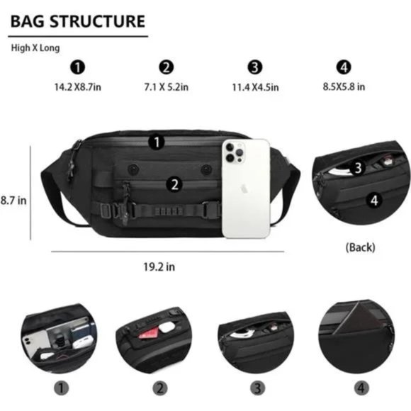 New Waterproof Chest Bag Casual for Walking Hiking Travel Black Large - Picture 3 of 7